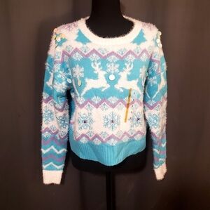 33 Degrees Blue Holiday Christmas Reindeer Argyle Rhinestone Sweater NWOT Sz SM